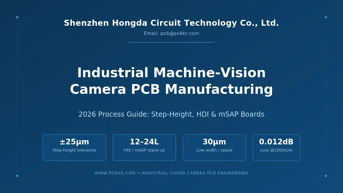 Industrial machine-vision camera PCB manufacturing guide by Shenzhen Hongda Circuit, featuring 12-24L HDI mSAP stack-up, ±25µm step-height tolerance, and 30µm line width specs.