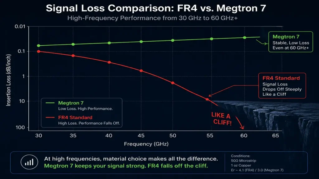 High-frequency insertion loss comparison curve between FR4 and Megtron 7 substrates for 112G and 224G PAM4 AI servers