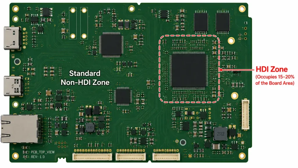 Top view of a PCB layout showing localized HDI zone and standard non-HDI zone for cost reduction