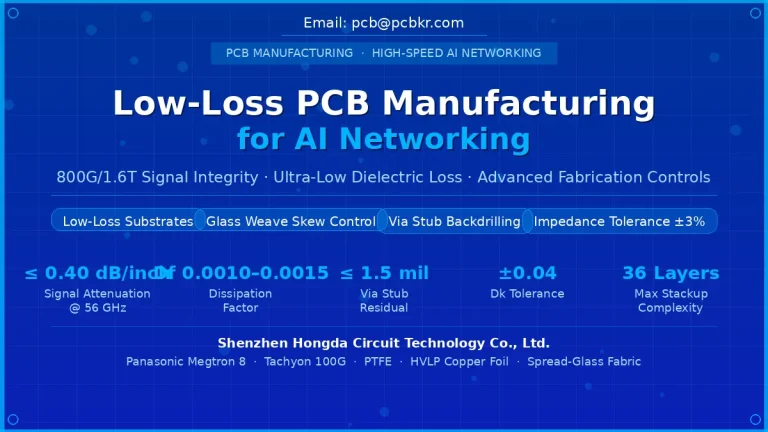 Official whitepaper cover for Low-Loss PCB Manufacturing for AI Networking by Shenzhen Hongda Circuit Technology Co., Ltd. The graphic outlines technical specifications including Df 0.0010-0.0015, less than 1.5 mil via stub residual, and 36-layer complexity for 800G hardware.