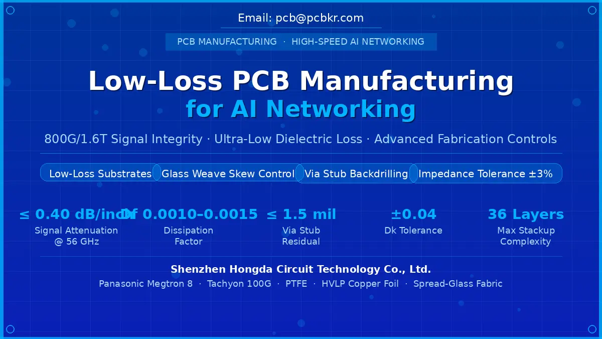 Official whitepaper cover for Low-Loss PCB Manufacturing for AI Networking by Shenzhen Hongda Circuit Technology Co., Ltd. The graphic outlines technical specifications including Df 0.0010-0.0015, less than 1.5 mil via stub residual, and 36-layer complexity for 800G hardware.