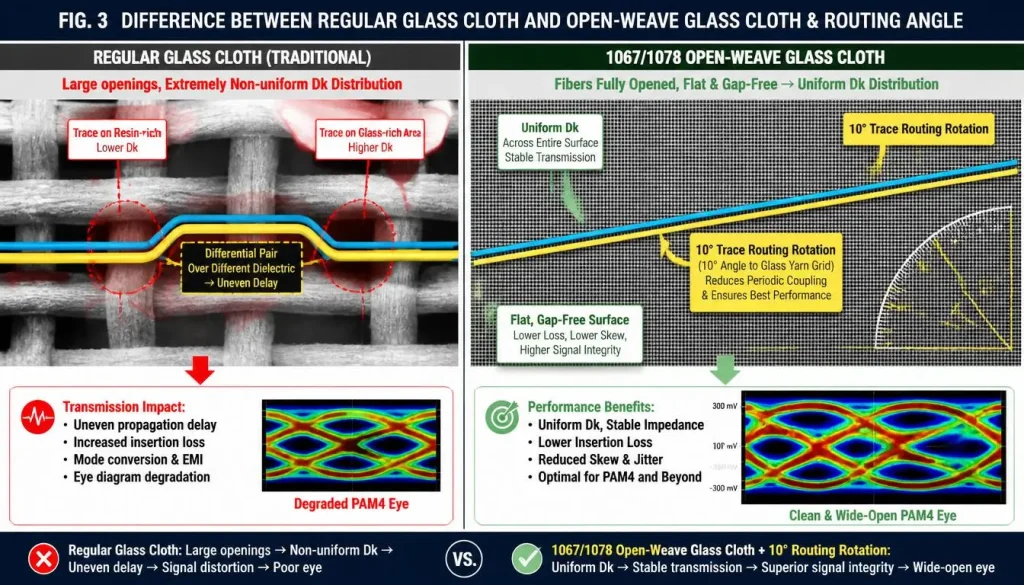 Technical diagram comparing regular glass cloth with non-uniform Dk to 1067/1078 spread-glass fabric with 10-degree trace routing rotation for 800G/1.6T network low-loss PCBs, showing degraded vs clean open PAM4 eye diagrams.