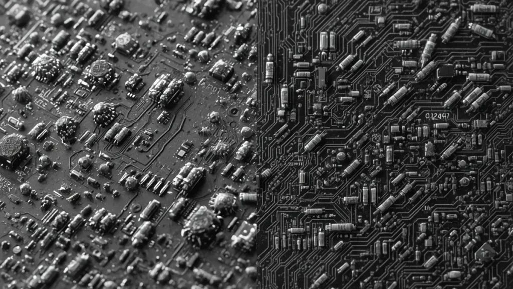 Top-down SEM view of Hongda Machine Vision PCB showing 50 µm fine-pitch traces and dense SMT component alignment for FPGA image processing.