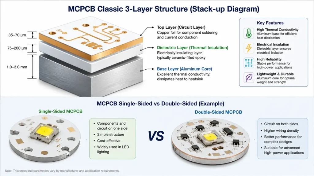 MCPCB classic 3-layer stack-up diagram showing top copper layer, dielectric insulation, and aluminum core, alongside a comparison of single-sided vs double-sided aluminum PCBs for LED lighting.