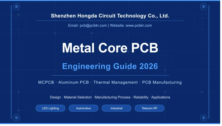 Cover image for Metal Core PCB Engineering Guide 2026 by Shenzhen Hongda Circuit Technology Co., Ltd., highlighting MCPCB, Aluminum PCB, Thermal Management, and applications in LED Lighting, Automotive, Industrial, and Telecom RF