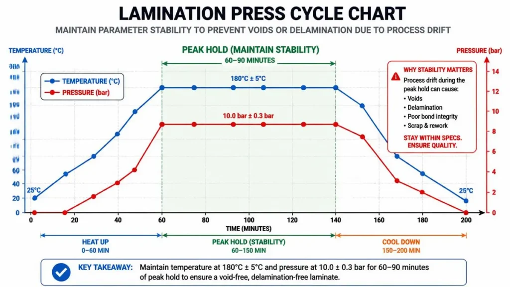 Lamination press cycle chart for Metal Core PCB manufacturing, illustrating temperature and pressure parameters over time to prevent voids and delamination.