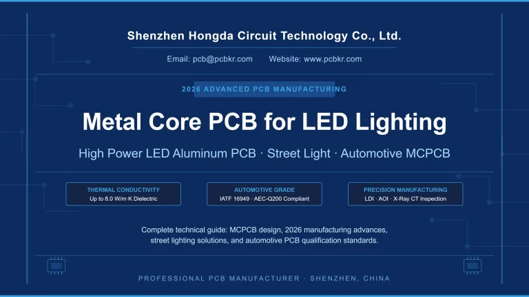 Metal Core PCB for LED Lighting - 2026 Advanced PCB Manufacturing Technology Guide by Shenzhen Hongda Circuit Technology Co., Ltd. Highlighting thermal conductivity up to 8.0 W/m·K, automotive grade IATF 16949 and AEC-Q200 compliance, and precision manufacturing including LDI, AOI, and X-Ray CT inspection