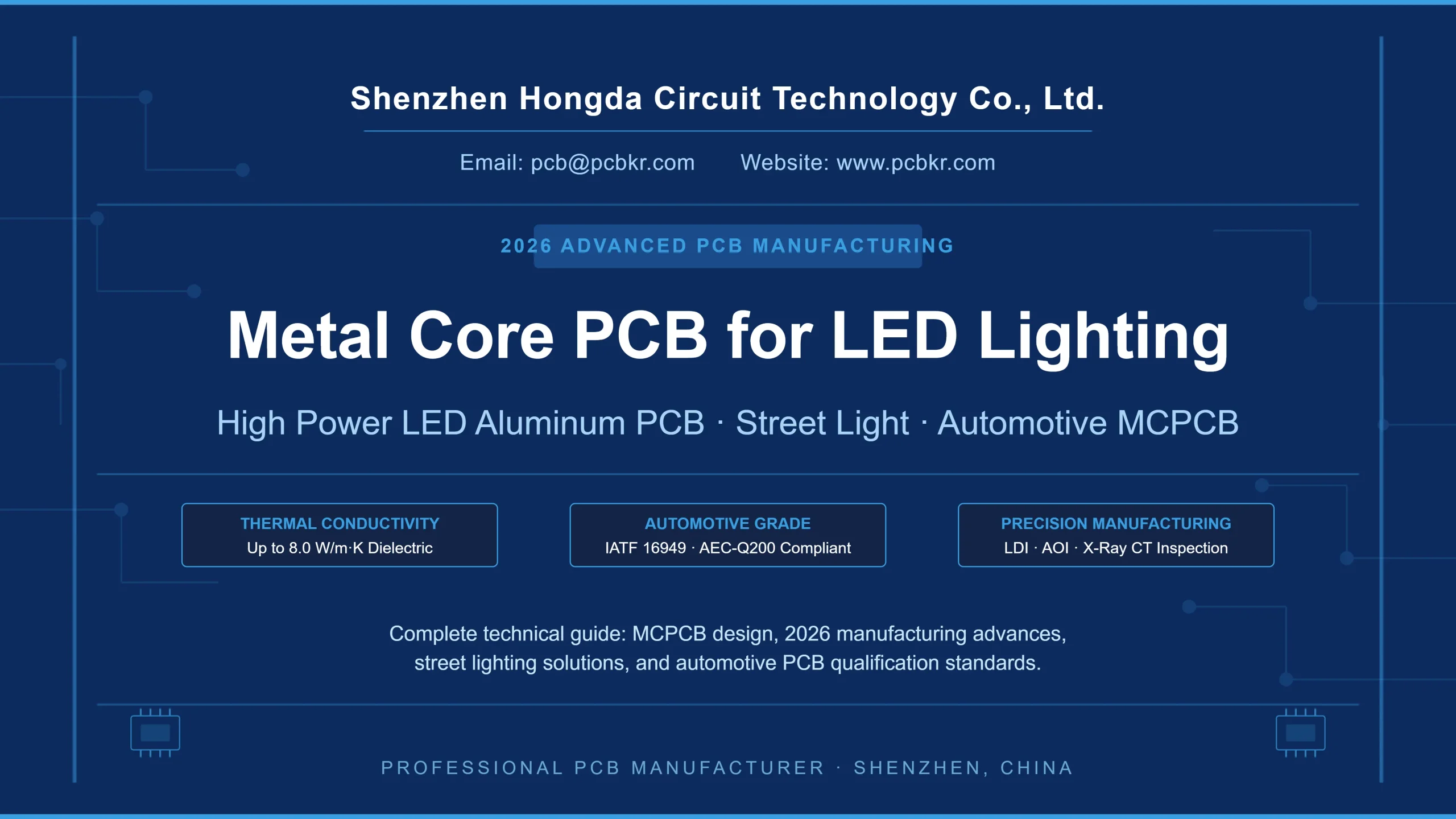 Metal Core PCB for LED Lighting - 2026 Advanced PCB Manufacturing Technology Guide by Shenzhen Hongda Circuit Technology Co., Ltd. Highlighting thermal conductivity up to 8.0 W/m·K, automotive grade IATF 16949 and AEC-Q200 compliance, and precision manufacturing including LDI, AOI, and X-Ray CT inspection