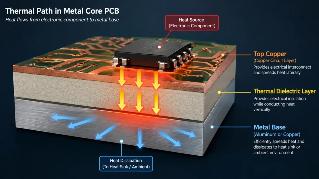 3D cross-section diagram illustrating the thermal path in a Metal Core PCB (MCPCB), showing heat flowing from an electronic component through the top copper circuit layer and thermal dielectric layer down to the aluminum or copper metal base for heat dissipation.