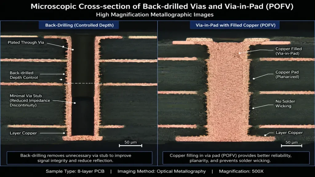500x Metallographic cross-section of an 8-layer PCB showing depth-controlled back-drilling and copper-filled via-in-pad (POFV).