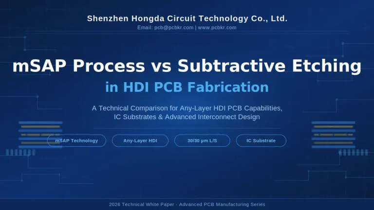 Technical white paper cover comparing mSAP process vs subtractive etching in any-layer HDI PCB fabrication by Shenzhen Hongda Circuit Technology.