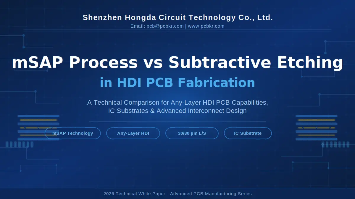 Technical white paper cover comparing mSAP process vs subtractive etching in any-layer HDI PCB fabrication by Shenzhen Hongda Circuit Technology.