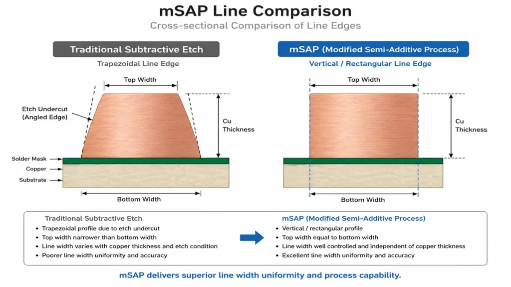 Cross-sectional diagram showing how mSAP technology delivers vertical rectangular line edges and superior width uniformity compared to traditional trapezoidal subtractive etch on high-speed AI camera PCBs