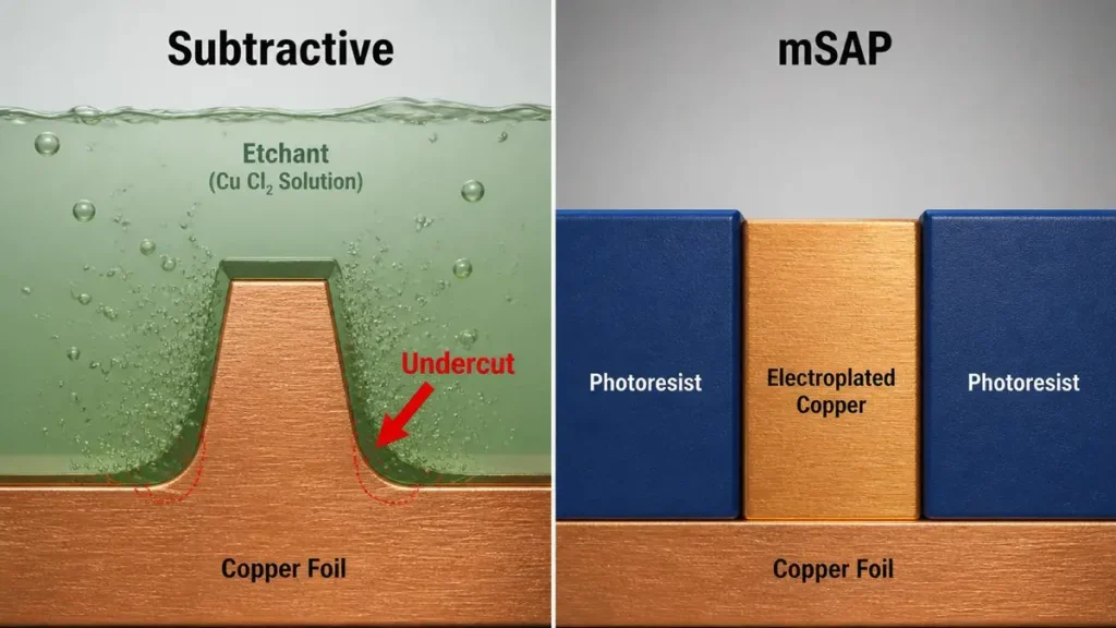 Microscopic diagram showing conventional subtractive etching with trace undercut versus Hongda mSAP process with vertical copper plating.