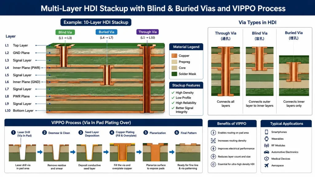 Multi-layer HDI PCB stackup diagram showing blind buried vias and VIPPO process for high density hardware.