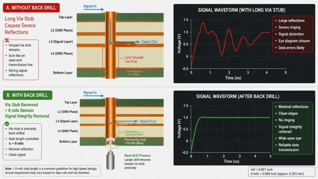 Simulation comparison showing signal waveform distortion of a long via stub versus high precision backdrilling under 8 mils - Shenzhen Hongda Circuit