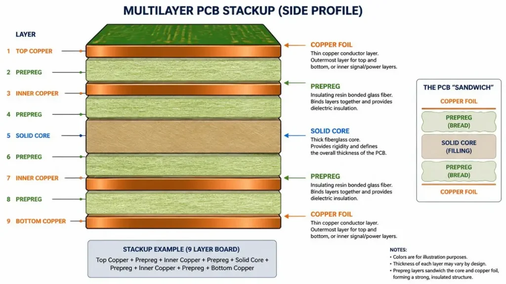 What is a multilayer PCB? Detailed side profile stackup diagram of a multilayer PCB illustrating the sandwich structure of solid core, prepreg, and copper foil layers.