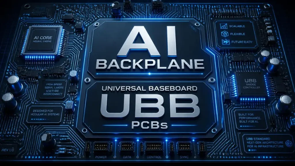 Futuristic electronic circuit board representing an AI Backplane & Universal Baseboard (UBB) PCBs architecture, showcasing high-speed signal layers, neural engine core integration, and scalable modular design for next-gen AI infrastructure.