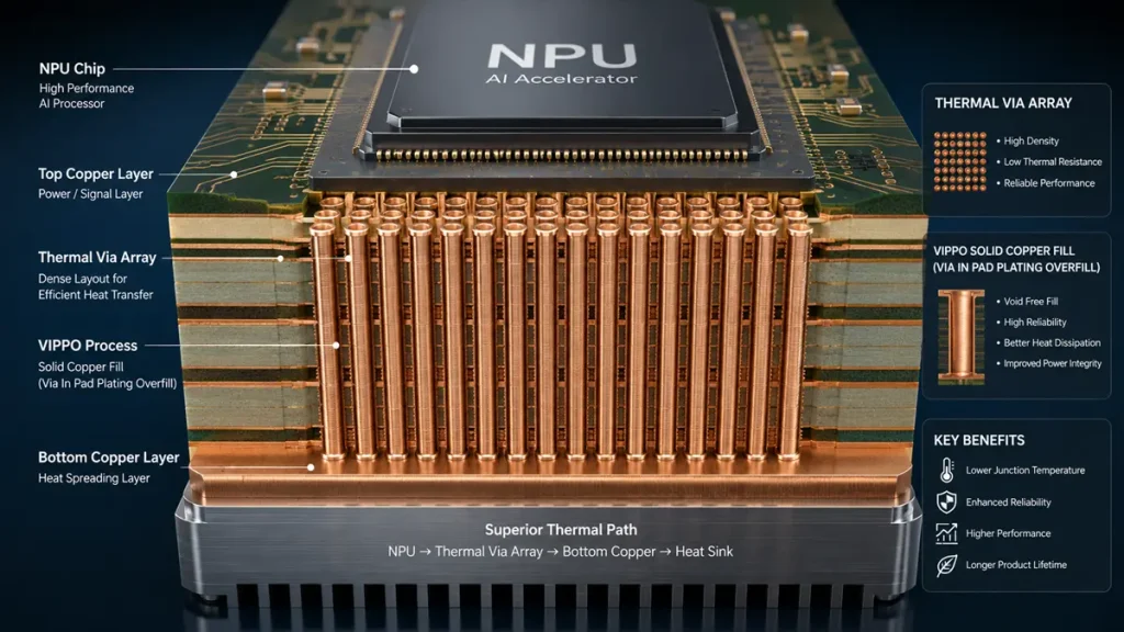3D rendering cross-section of an Edge-AI NPU chip on a 14-layer PCB, demonstrating a high-density thermal via array with VIPPO solid copper fill for a superior thermal path to the heat sink.