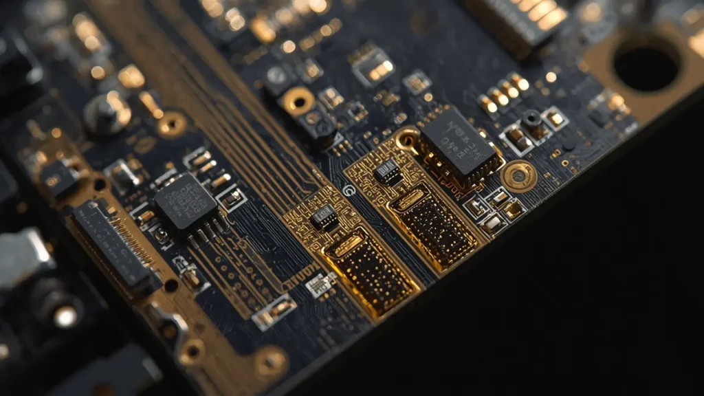 Top-down macro view of high density multi-layer GPU accelerator system board for AI training servers