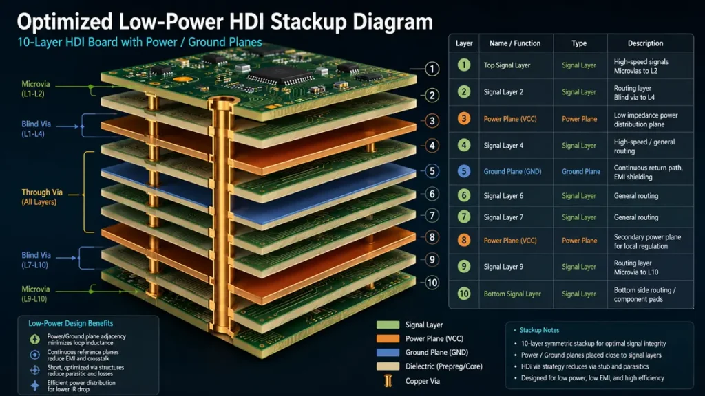 Optimized low-power 10-layer HDI PCB stackup diagram showing 3D layered structure with signal layers, power planes, and ground planes for industrial control hardware by Shenzhen Hongda Circuit Technology.