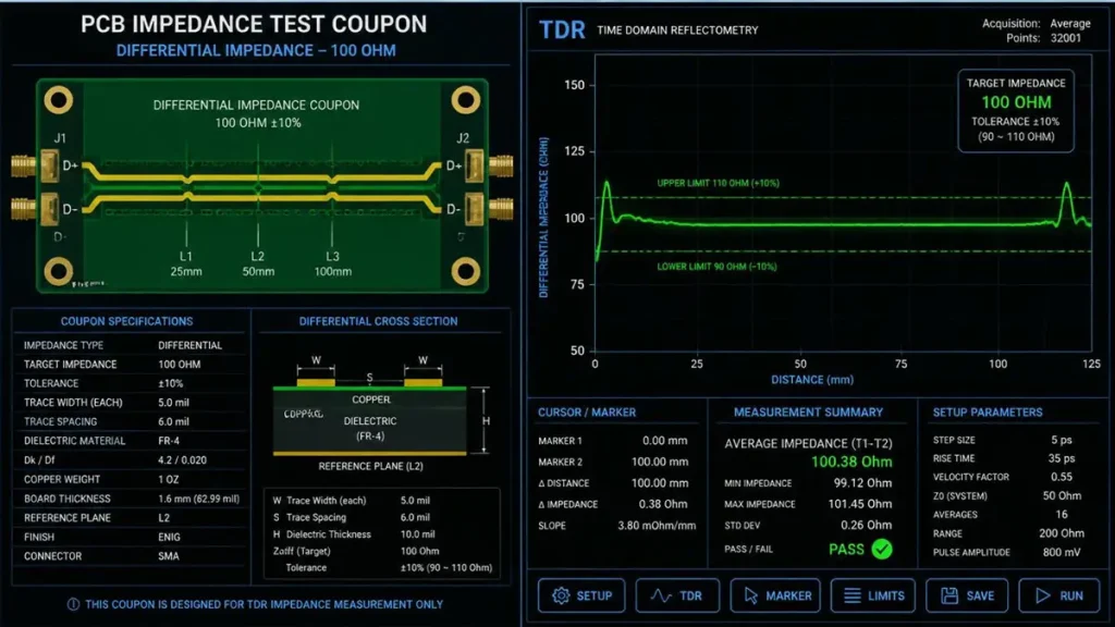 Technical split-screen infographic showing a standard PCB impedance test coupon on the left and a TDR oscilloscope waveform graph displaying a stable 100 ohm differential impedance line on the right.