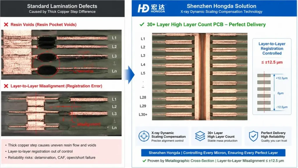 Comparison of PCB resin voids alignment error and Shenzhen Hongda X-ray dynamic scaling compensation for 30+ layer PCB