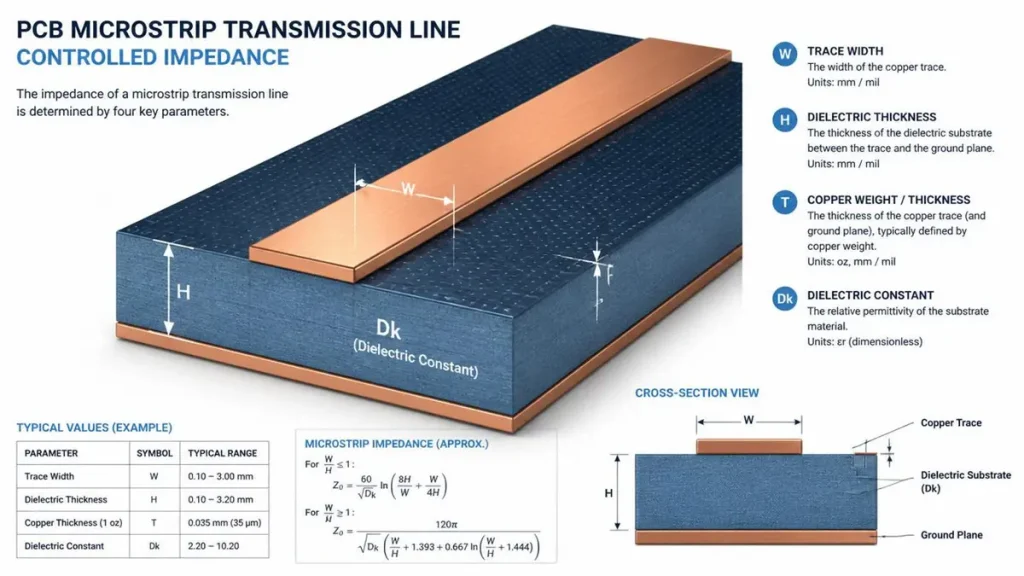 3D engineering diagram of a PCB microstrip transmission line illustrating controlled impedance parameters including trace width, dielectric thickness, and Dk.