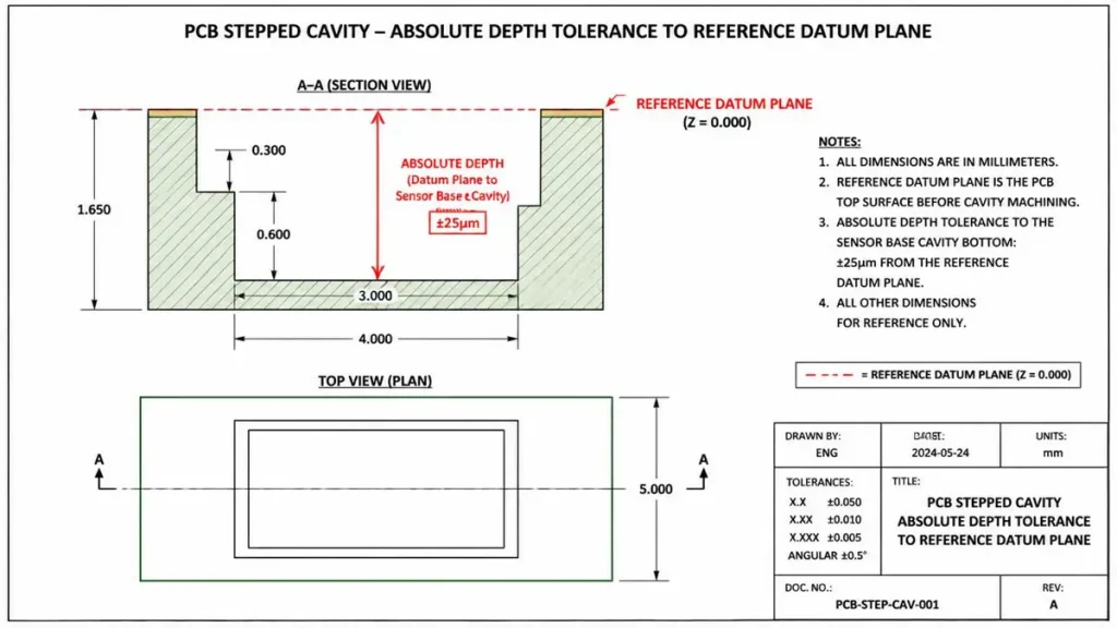 Standard engineering drawing layout of a PCB stepped cavity for machine vision sensors, demonstrating the correct callout of a red reference datum plane and an absolute depth tolerance of plus or minus 25 micrometers.