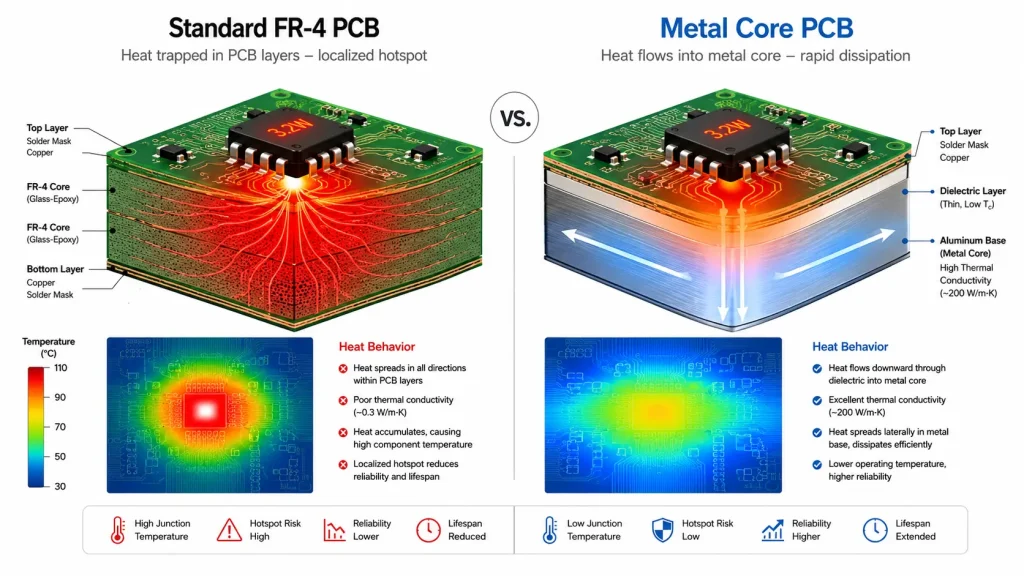 A side-by-side technical infographic comparing heat dissipation in a Standard FR-4 PCB versus a Metal Core PCB under a 3.2W load. The left side shows heat trapped within glass-epoxy layers forming a 110-degree-Celsius localized hotspot. The right side shows heat flowing downward through a thin dielectric layer into an aluminum base, laterally dispersing thermal energy for lower operating temperatures. Includes 3D isometric stackups, thermal imaging visualizations, and reliability behavior metrics.