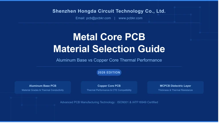 Metal Core PCB Material Selection Guide banner by Shenzhen Hongda Circuit Technology Co., Ltd., comparing aluminum base and copper core thermal performance and MCPCB dielectric layer thickness.