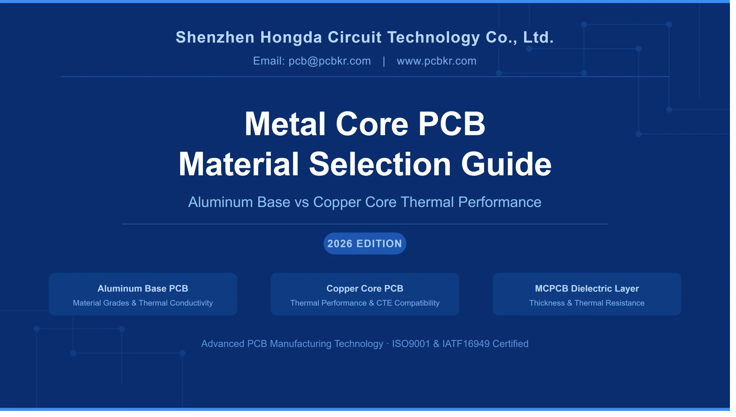 Metal Core PCB Material Selection Guide banner by Shenzhen Hongda Circuit Technology Co., Ltd., comparing aluminum base and copper core thermal performance and MCPCB dielectric layer thickness.