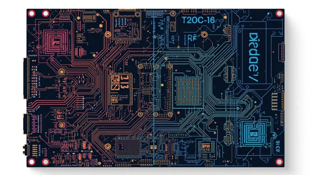 A bicolor high-contrast PCB layout diagram showcasing zone partitioning with an isolation line between the digital routing domain and the RF circuit zone.