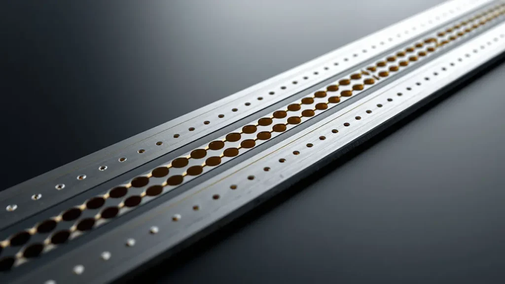 A highly detailed 3D close-up rendering of an RF microstrip trace flanked by dense rows of grounded via stitching for shielding and isolation.