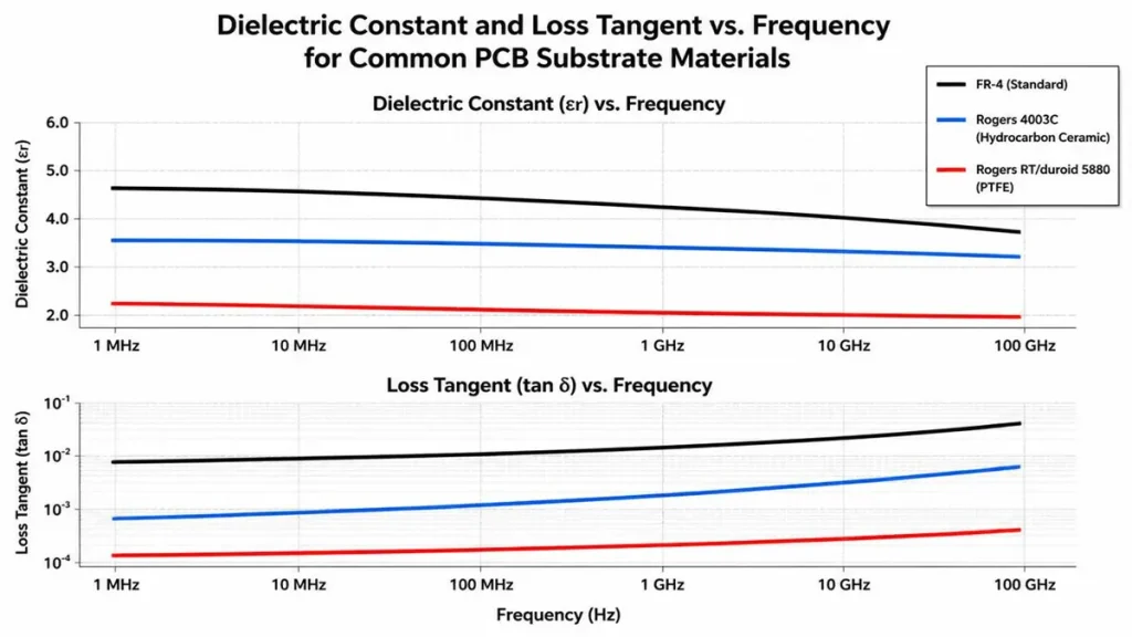 Comparative graph of dielectric constant (Dk) and loss tangent (Df) vs frequency up to 100 GHz for Standard FR-4, Rogers 4003C, and Rogers RT/duroid 5880 PCB laminates.