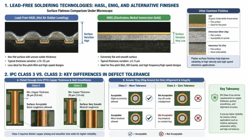 Technical diagram comparing PCB manufacturing standards. Top section shows surface flatness under microscope for Lead-Free HASL vs ENIG. Bottom section illustrates IPC Class 2 vs Class 3 defect tolerances, highlighting the stricter 25 micron copper thickness and zero-tolerance for annular ring misalignment or breakout in Class 3.