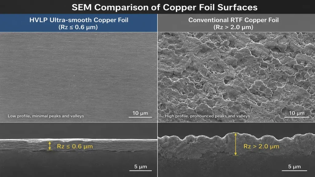High-resolution SEM micrograph comparison showing the surface topography and cross-section profiles of HVLP ultra-smooth copper foil (Rz ≤ 0.6 μm) versus conventional RTF copper foil (Rz > 2.0 μm) to demonstrate conductor skin-effect loss mitigation in 224G PAM4 AI server PCBs.