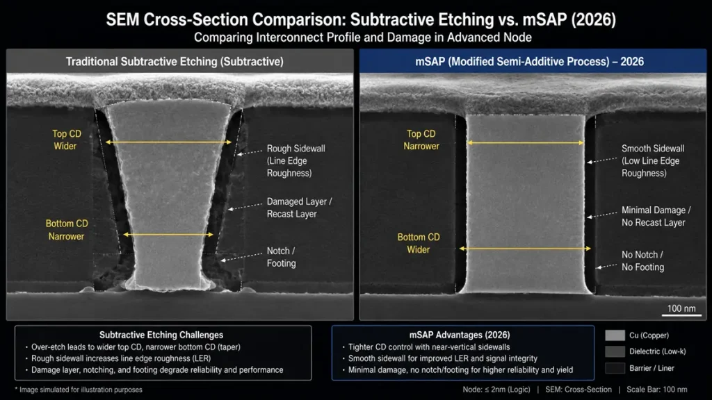 SEM Cross-Section Comparison: Subtractive Etching vs mSAP Process