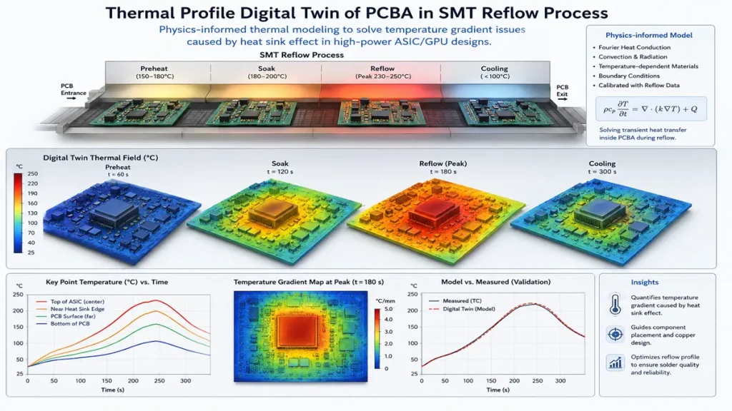 Thermodynamic digital twin simulation of PCBA in SMT reflow process, solving temperature gradient anomalies for high-power ASIC and GPU server boards in AI cluster PCB assembly services by Shenzhen Hongda.