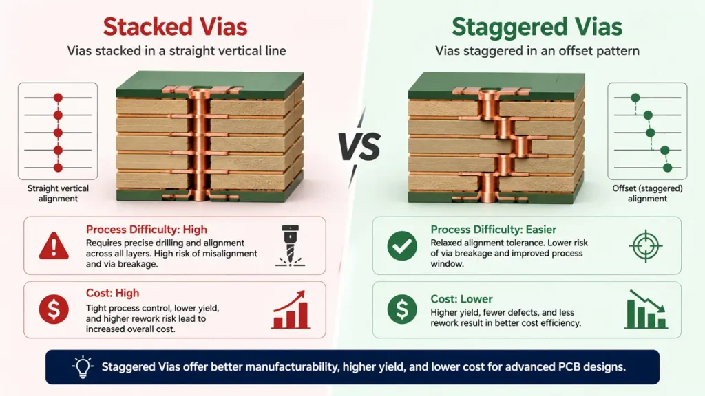 Comparison diagram of stacked vias vs staggered vias in HDI PCB design