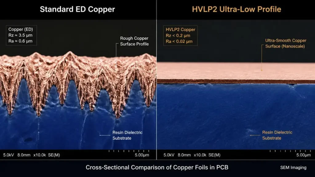 Microscopic SEM comparison for high speed PCB material, showing cross-section of rough Standard ED copper versus flat HVLP2 ultra-low profile foil to reduce skin effect loss.