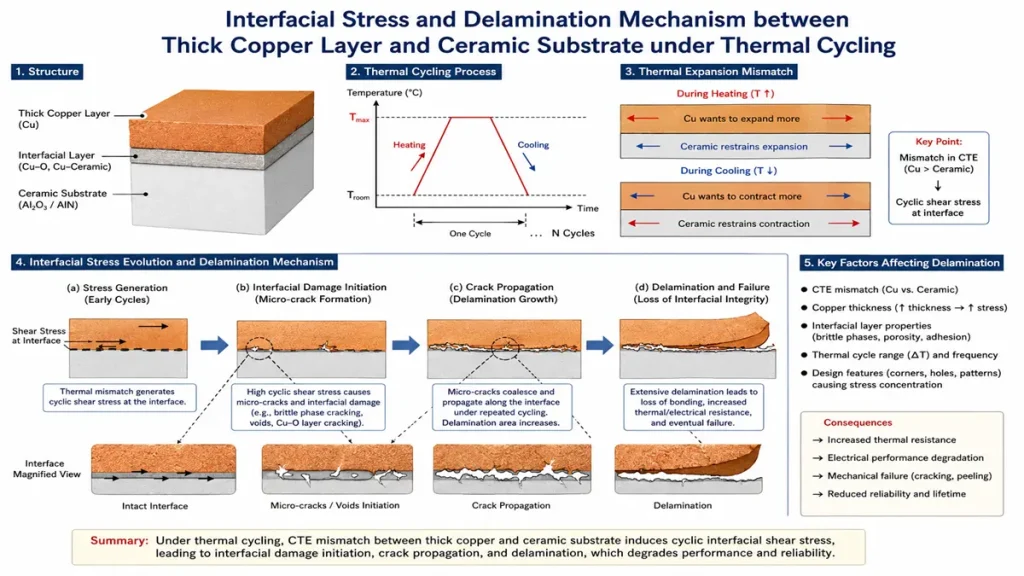 Technical diagram illustrating the interfacial stress and delamination mechanism between a thick copper layer (2 oz to 4 oz) and a ceramic substrate (Al2O3 or AlN) under thermal cycling, showing CTE mismatch, micro-crack initiation, crack propagation, and final copper peeling or crater failure.