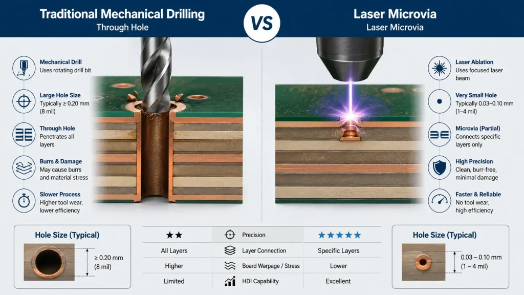 Comparison between traditional mechanical through-holes and advanced laser microvias for 0.4mm BGA routing space optimization.
