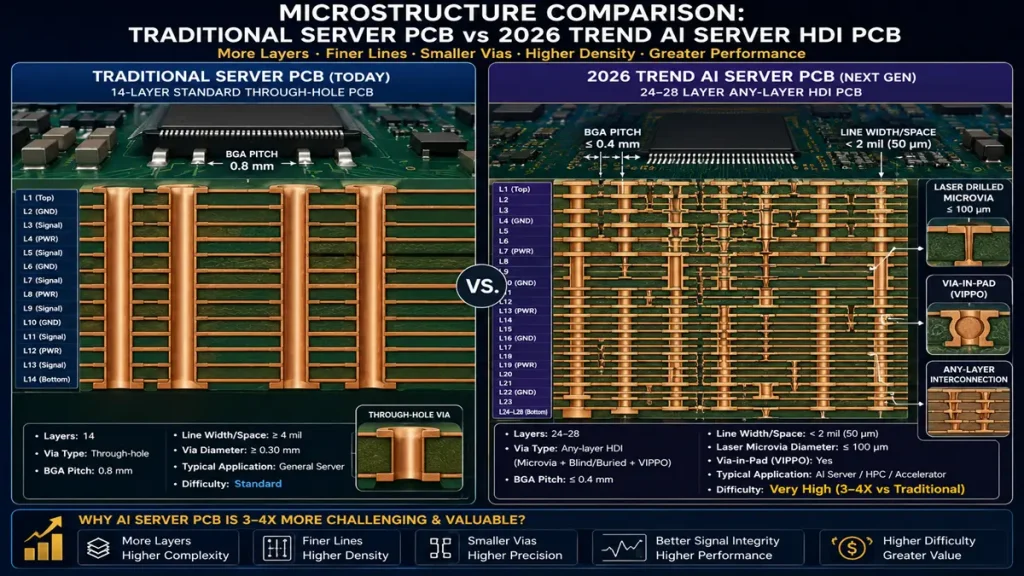 Microstructure comparison between traditional 14-layer through-hole server PCB and 2026 trend 24-28 layer any-layer HDI PCB for AI servers, highlighting laser-drilled microvias and via-in-pad technology.