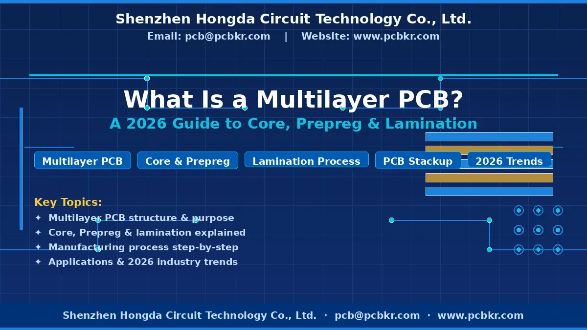 What is a multilayer PCB guide cover by Shenzhen Hongda Circuit Technology Co., Ltd. showing core, prepreg, and lamination process topics.