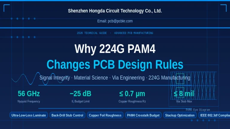 Shenzhen Hongda Circuit 2026 Technical Guide cover titled "Why 224G PAM4 Changes PCB Design Rules" showing key specs like 56 GHz Nyquist Frequency and PAM4 eye diagram.