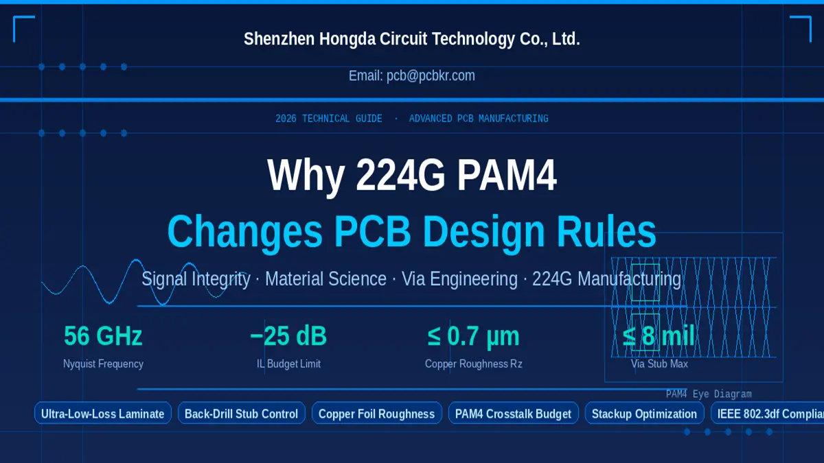 Shenzhen Hongda Circuit 2026 Technical Guide cover titled "Why 224G PAM4 Changes PCB Design Rules" showing key specs like 56 GHz Nyquist Frequency and PAM4 eye diagram.