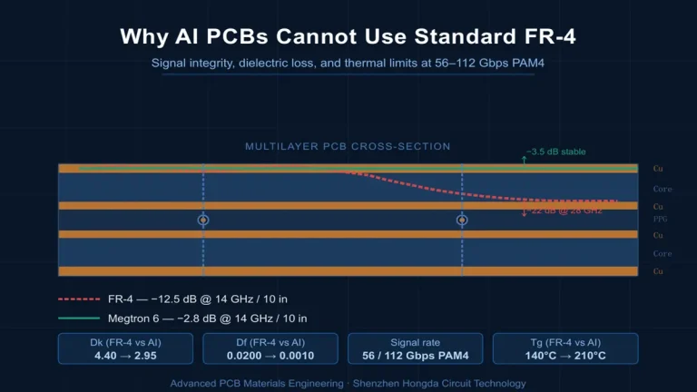 Why AI PCBs cannot use standard FR-4 materials: insertion loss comparison between FR-4 and Megtron 6 at 14GHz by Shenzhen Hongda Circuit Technology.