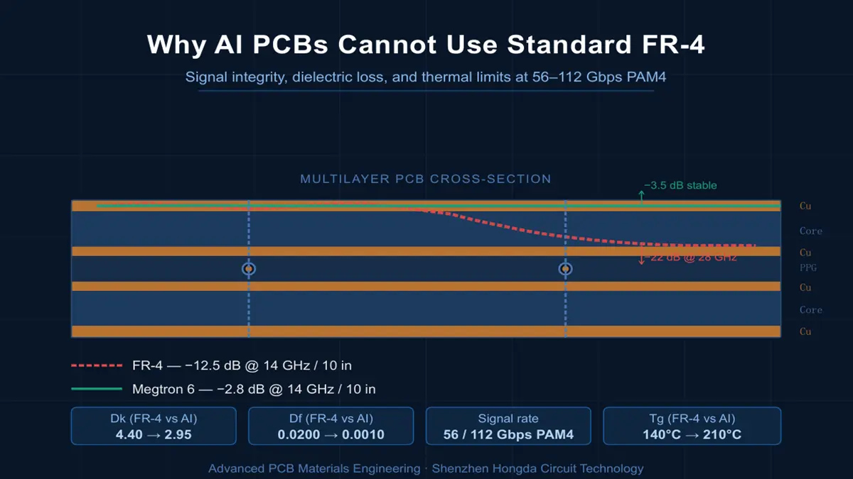Why AI PCBs cannot use standard FR-4 materials: insertion loss comparison between FR-4 and Megtron 6 at 14GHz by Shenzhen Hongda Circuit Technology.