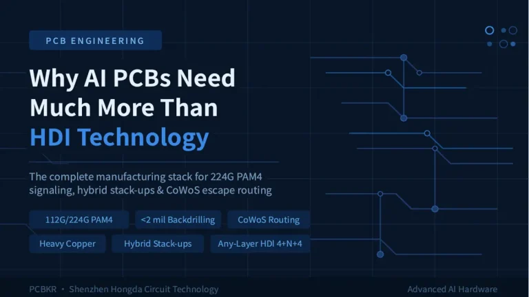 Banner image for AI PCB manufacturing article titled "Why AI PCBs Need Much More Than HDI Technology" by Shenzhen Hongda Circuit Technology (PCBKR), highlighting 224G PAM4 signaling and CoWoS routing.